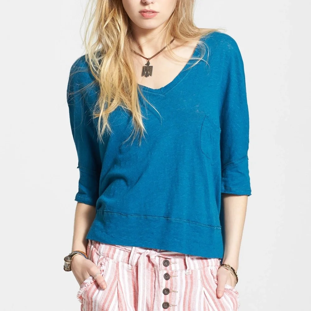 NWT Free People Crescent Moon Jersey Pullover Top in Peacock‎ [SZ XS ]
